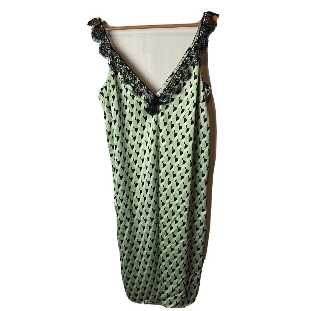 Future Collective Green Black Geometric Lace Trim Satin Slip Dress Size Large